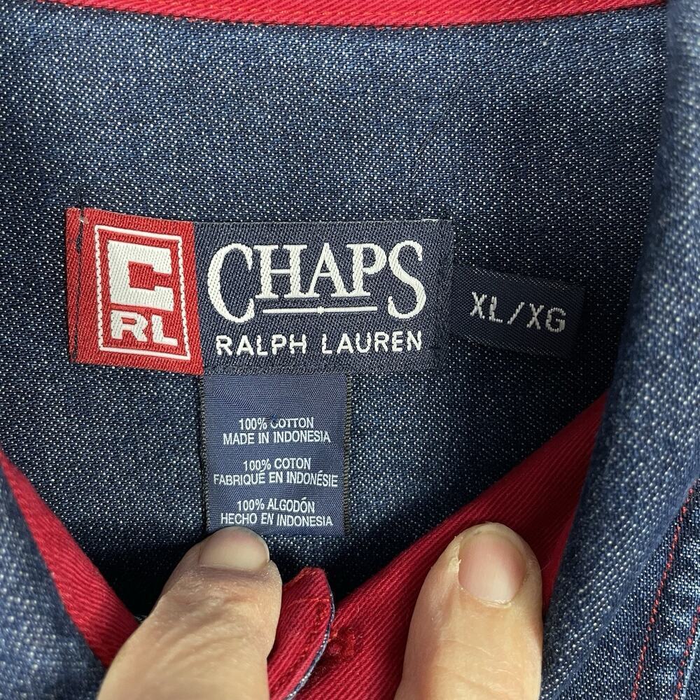 Vintage Ralph Lauren Chaps Denim Shirt Mens XL Y2K Red Stitching Sleeve Spellout - Picture 3 of 13